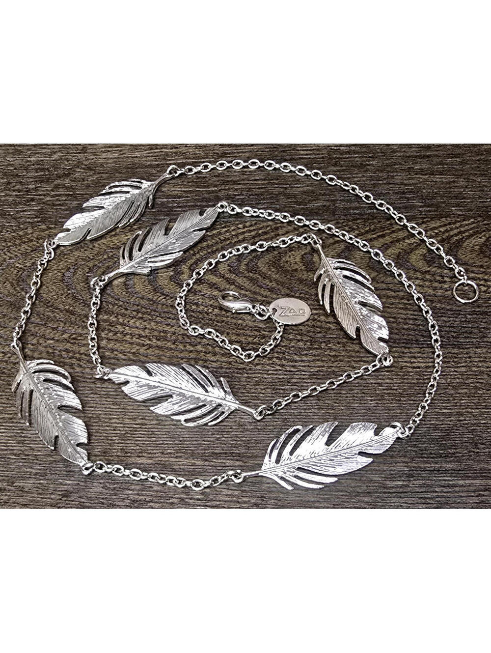 ZAD Necklace Silver Tone w Stationed Feather Shaped Accents 33.5 inch